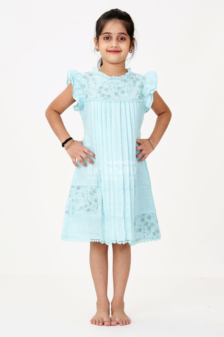 The Nesavu Girls Cotton Frock Girls Blue Colour Frock with Embroidery and Pleated Design for Casual and Festive Wear Nesavu Nesavu Girls Blue Colour Cotton Frock Embroidery Pleated Skirt Festive Wear