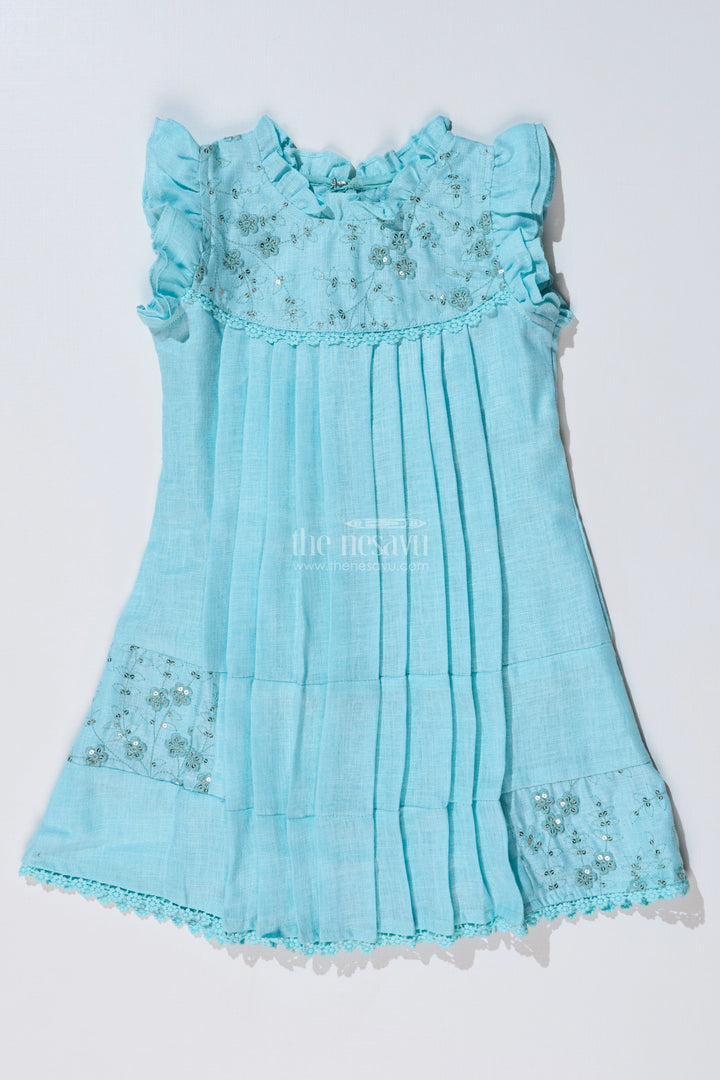The Nesavu Girls Cotton Frock Girls Blue Colour Frock with Embroidery and Pleated Design for Casual and Festive Wear Nesavu Nesavu Girls Blue Colour Cotton Frock Embroidery Pleated Skirt Festive Wear