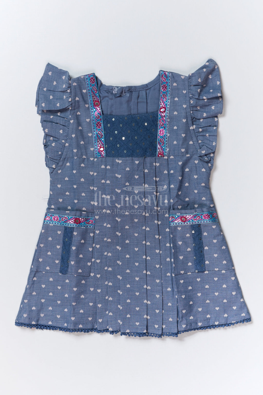 The Nesavu Girls Cotton Frock Girls Blue Colour Party Frock in Cotton with Heart Prints and Decorative Lace Work Nesavu 14 (6M) / Blue GFC1636A-14 Girls Blue Colour Party Frock Cotton Heart Prints Decorative Lace Work | The Nesavu