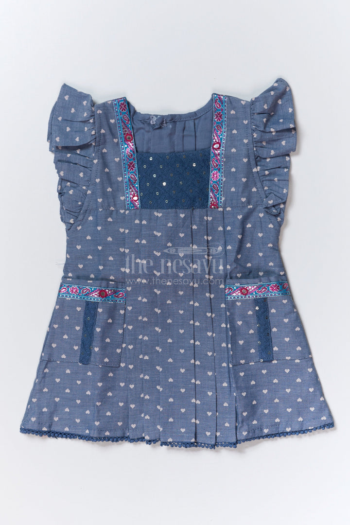 The Nesavu Girls Cotton Frock Girls Blue Colour Party Frock in Cotton with Heart Prints and Decorative Lace Work Nesavu 14 (6M) / Blue GFC1636A-14 Nesavu Girls Blue Colour Party Frock Cotton Heart Prints Decorative Lace Work