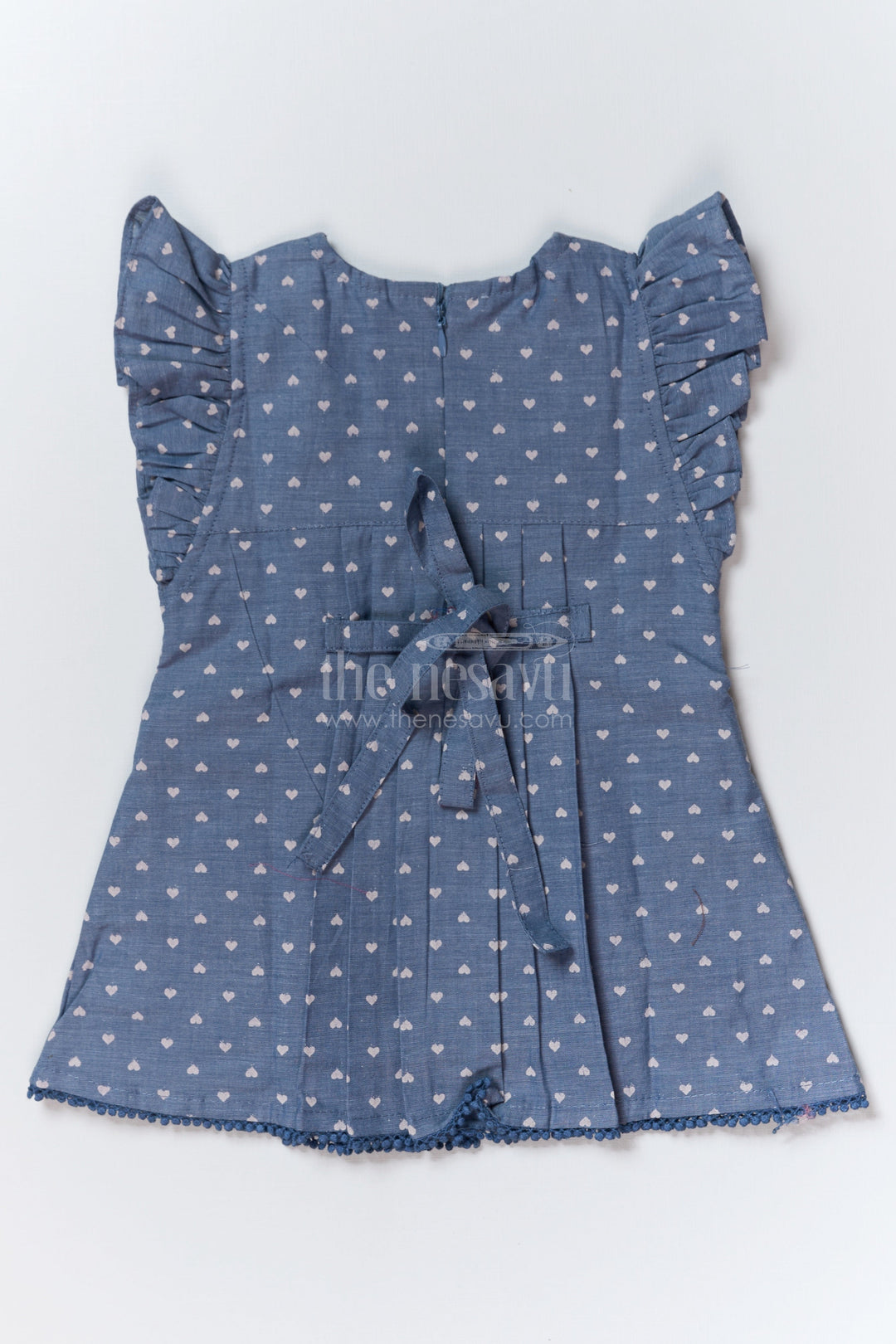 The Nesavu Girls Cotton Frock Girls Blue Colour Party Frock in Cotton with Heart Prints and Decorative Lace Work Nesavu Nesavu Girls Blue Colour Party Frock Cotton Heart Prints Decorative Lace Work