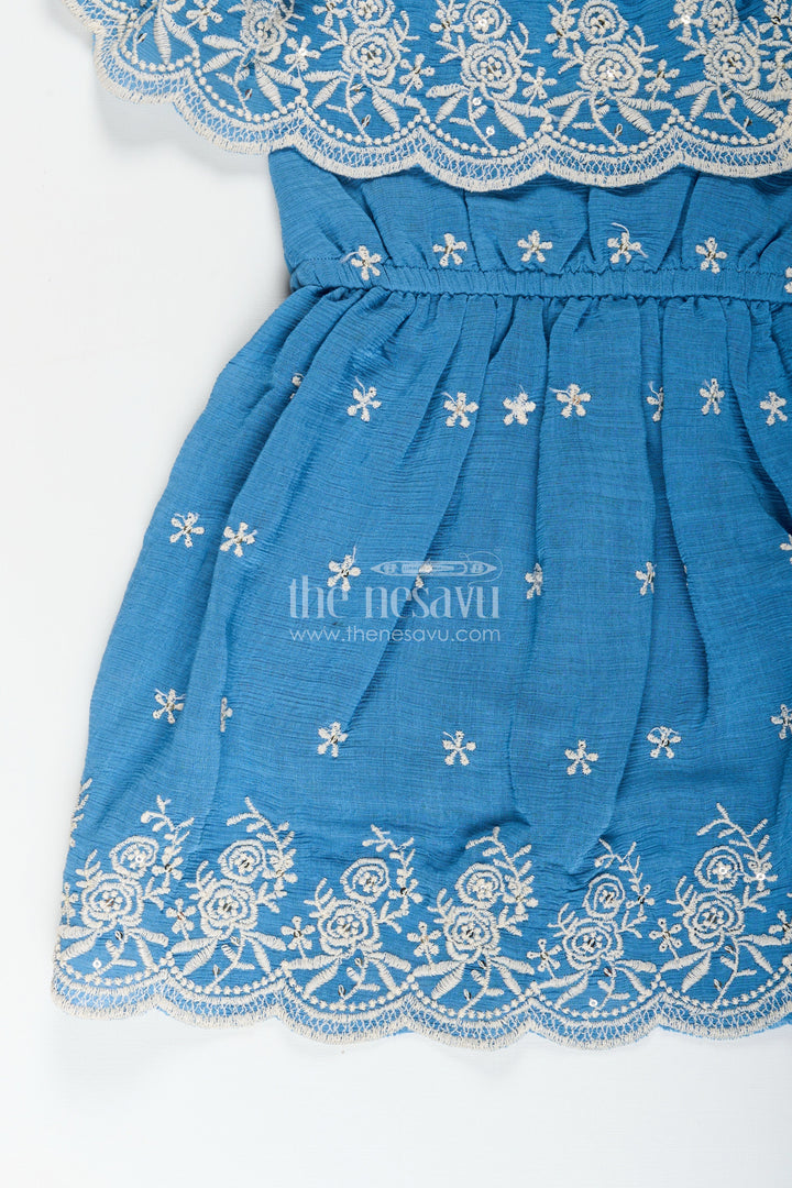 The Nesavu Girls Cotton Frock Girls blue cotton frock with embroidery for birthday and festive wear Nesavu Nesavu girls blue cotton frock thread embroidery birthdays festive occasions