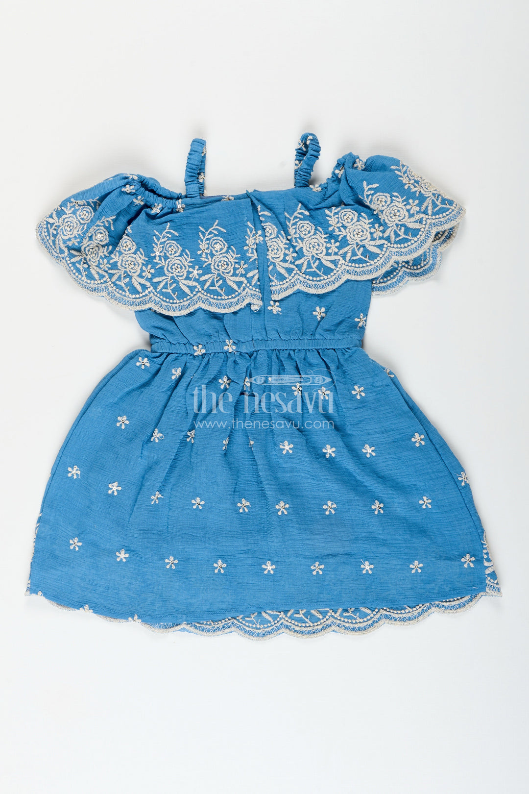 The Nesavu Girls Cotton Frock Girls blue cotton frock with embroidery for birthday and festive wear Nesavu Nesavu girls blue cotton frock thread embroidery birthdays festive occasions