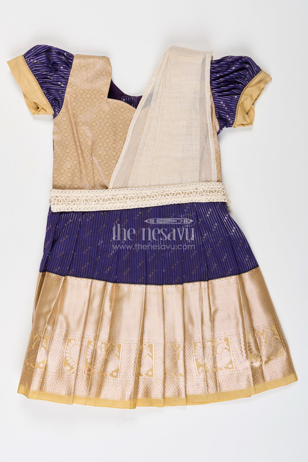 The Nesavu Girls Kanchi Silk Frock Girls Blue Dress Silk in Kanchivaram Style with Thread Embroidery and Embellished Dupatta Nesavu 18 (2Y) / Blue / Style 1 SF825CA-18 Nesavu Girls Blue Silk Dress in Kanchivaram Style with Embroidery and Embellished Dupatta