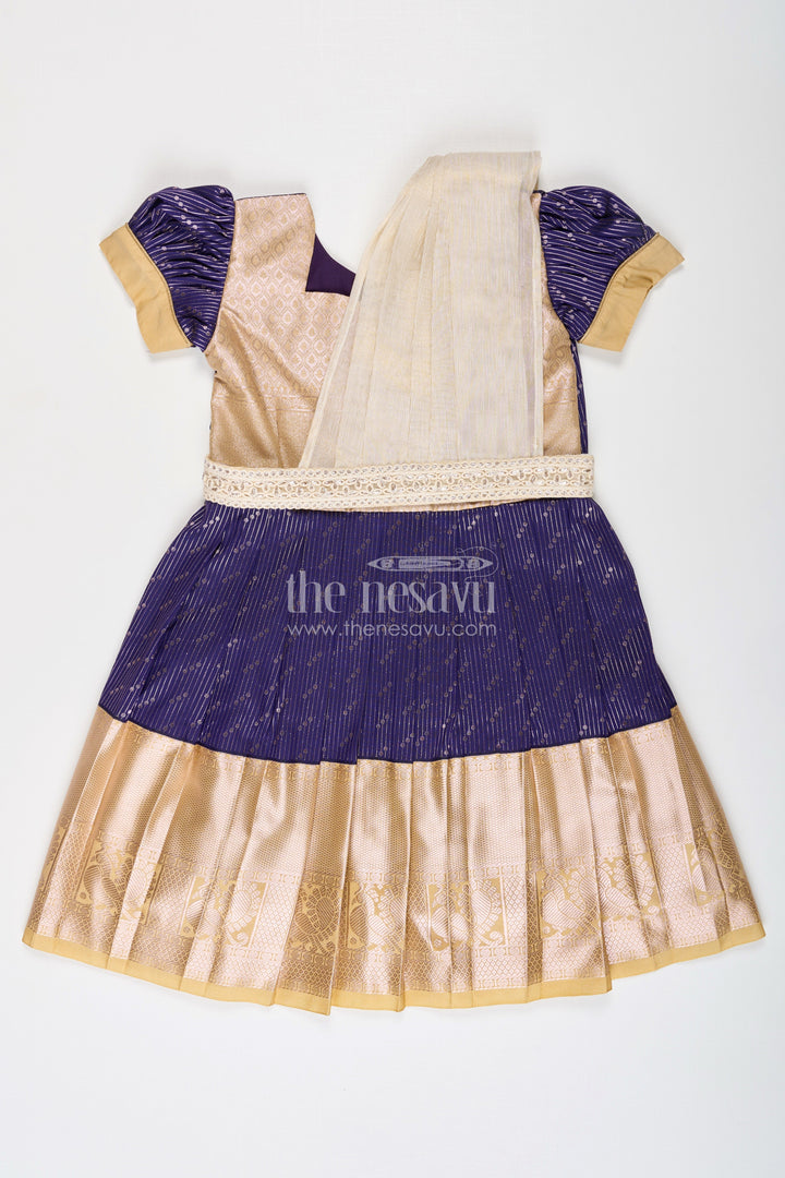 The Nesavu Girls Kanchi Silk Frock Girls Blue Dress Silk in Kanchivaram Style with Thread Embroidery and Embellished Dupatta Nesavu 20 (3Y) / Blue / Style 2 SF825CB-20 Nesavu Girls Blue Silk Dress in Kanchivaram Style with Embroidery and Embellished Dupatta