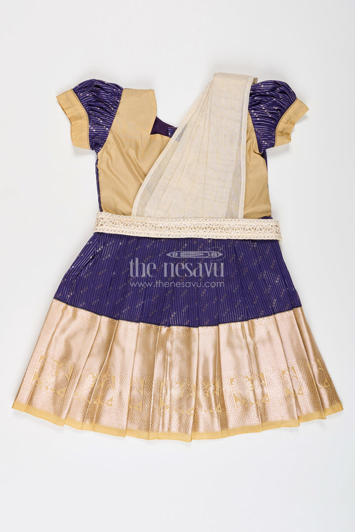 The Nesavu Girls Kanchi Silk Frock Girls Blue Dress Silk in Kanchivaram Style with Thread Embroidery and Embellished Dupatta Nesavu 20 (3Y) / Blue / Style 3 SF825CC-20 Nesavu Girls Blue Silk Dress in Kanchivaram Style with Embroidery and Embellished Dupatta