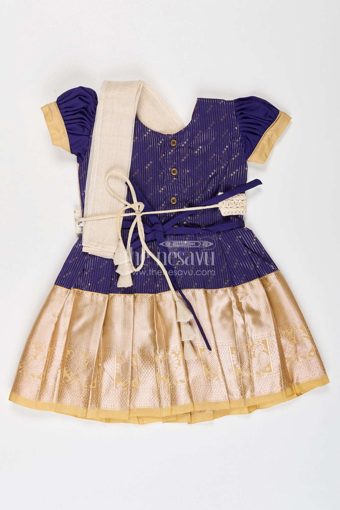 The Nesavu Girls Kanchi Silk Frock Girls Blue Dress Silk in Kanchivaram Style with Thread Embroidery and Embellished Dupatta Nesavu Nesavu Girls Blue Silk Dress in Kanchivaram Style with Embroidery and Embellished Dupatta