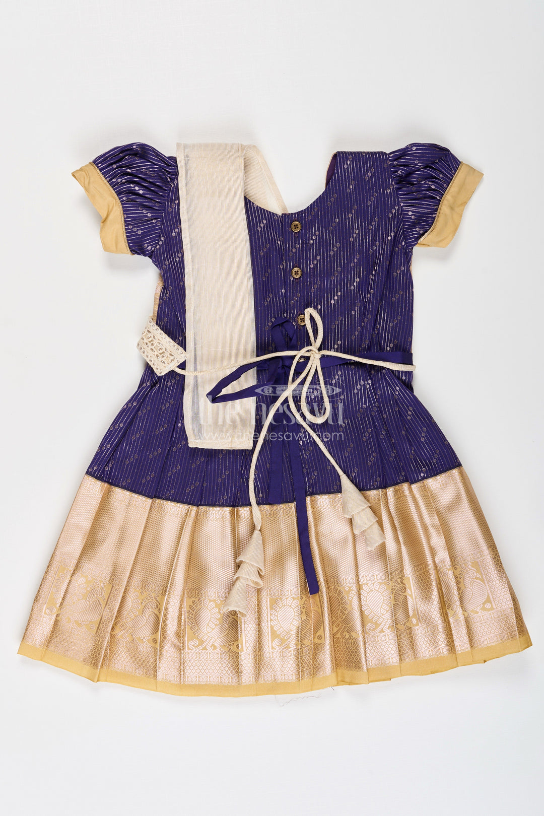 The Nesavu Girls Kanchi Silk Frock Girls Blue Dress Silk in Kanchivaram Style with Thread Embroidery and Embellished Dupatta Nesavu Nesavu Girls Blue Silk Dress in Kanchivaram Style with Embroidery and Embellished Dupatta