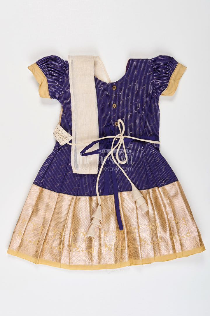 The Nesavu Girls Kanchi Silk Frock Girls Blue Dress Silk in Kanchivaram Style with Thread Embroidery and Embellished Dupatta Nesavu Nesavu Girls Blue Silk Dress in Kanchivaram Style with Embroidery and Embellished Dupatta