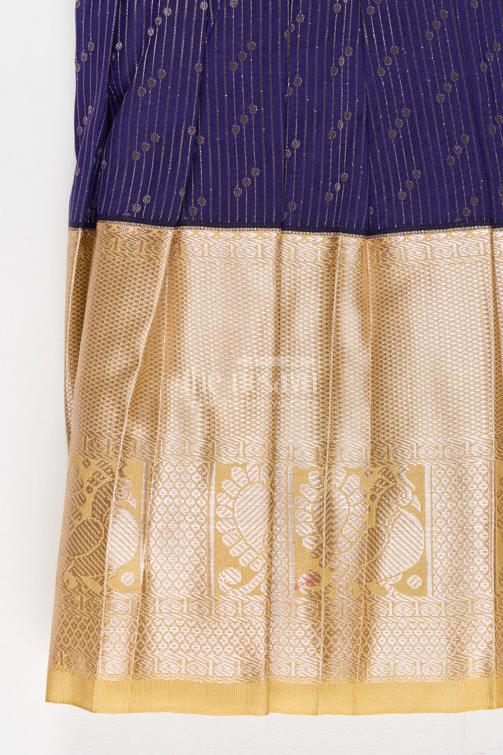 The Nesavu Girls Kanchi Silk Frock Girls Blue Dress Silk in Kanchivaram Style with Thread Embroidery and Embellished Dupatta Nesavu Nesavu Girls Blue Silk Dress in Kanchivaram Style with Embroidery and Embellished Dupatta