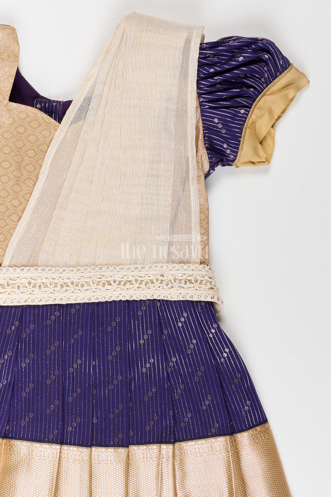 The Nesavu Girls Kanchi Silk Frock Girls Blue Dress Silk in Kanchivaram Style with Thread Embroidery and Embellished Dupatta Nesavu Nesavu Girls Blue Silk Dress in Kanchivaram Style with Embroidery and Embellished Dupatta