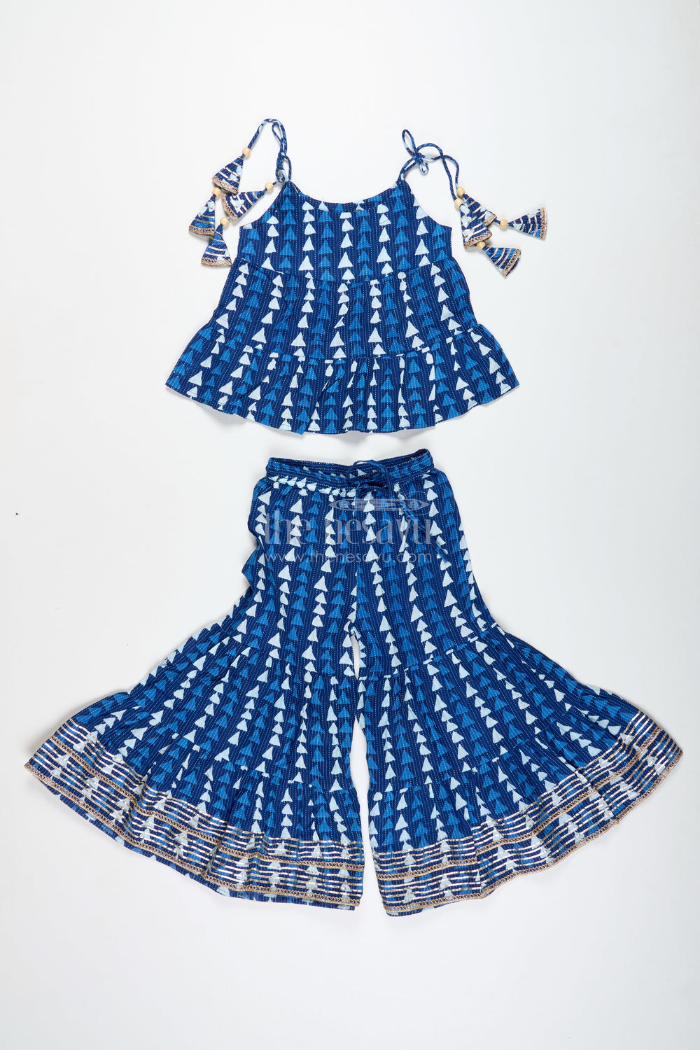 The Nesavu Girls Sharara / Plazo Set Girls Blue Ethnic Cotton Skirt Set with Triangle Print Nesavu 24 (5Y) / Blue GPS714A-24 Nesavu Blue Cotton Ethnic Skirt Set Girls Triangle Print Golden Lace Hem