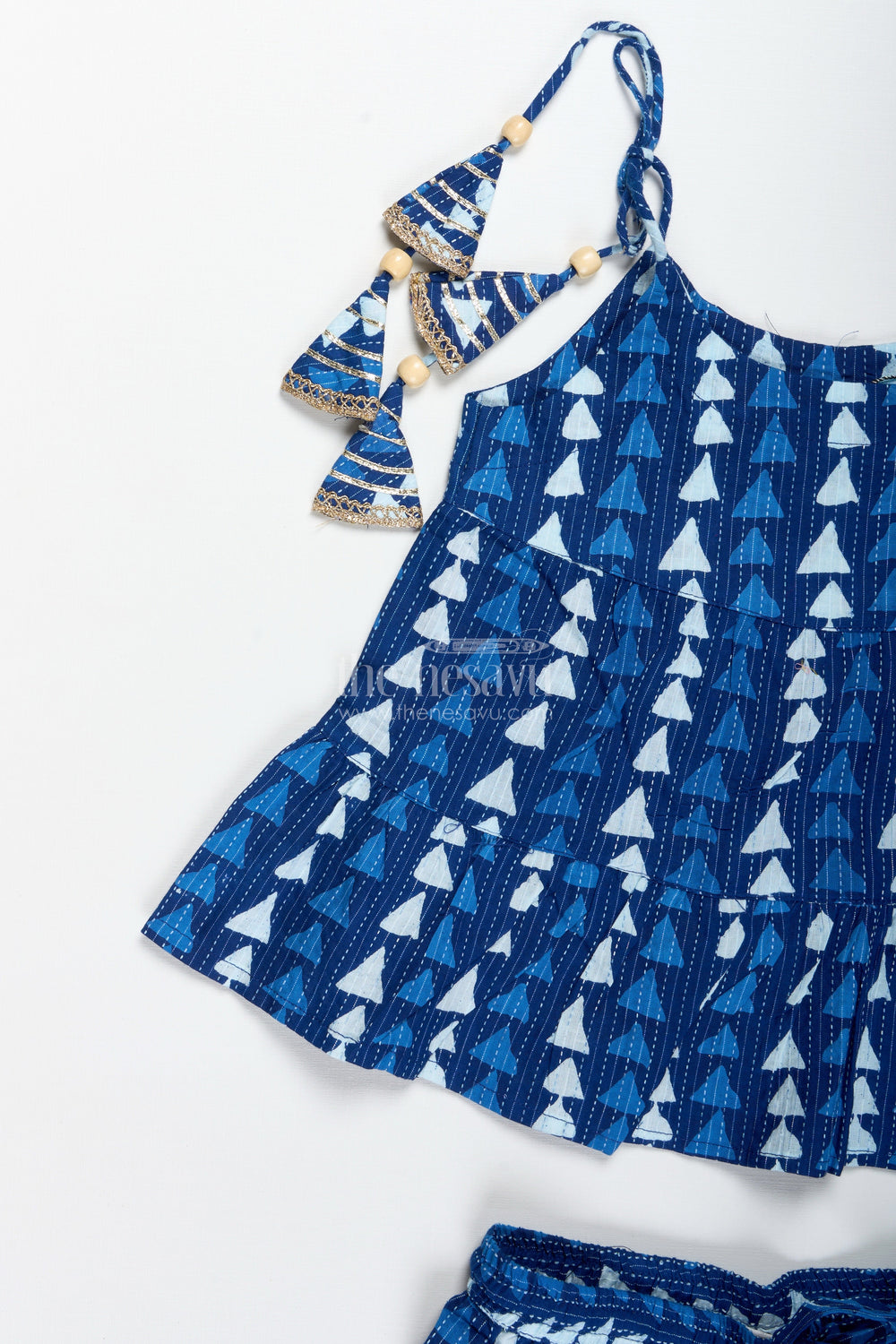 The Nesavu Girls Sharara / Plazo Set Girls Blue Ethnic Cotton Skirt Set with Triangle Print Nesavu Nesavu Blue Cotton Ethnic Skirt Set Girls Triangle Print Golden Lace Hem