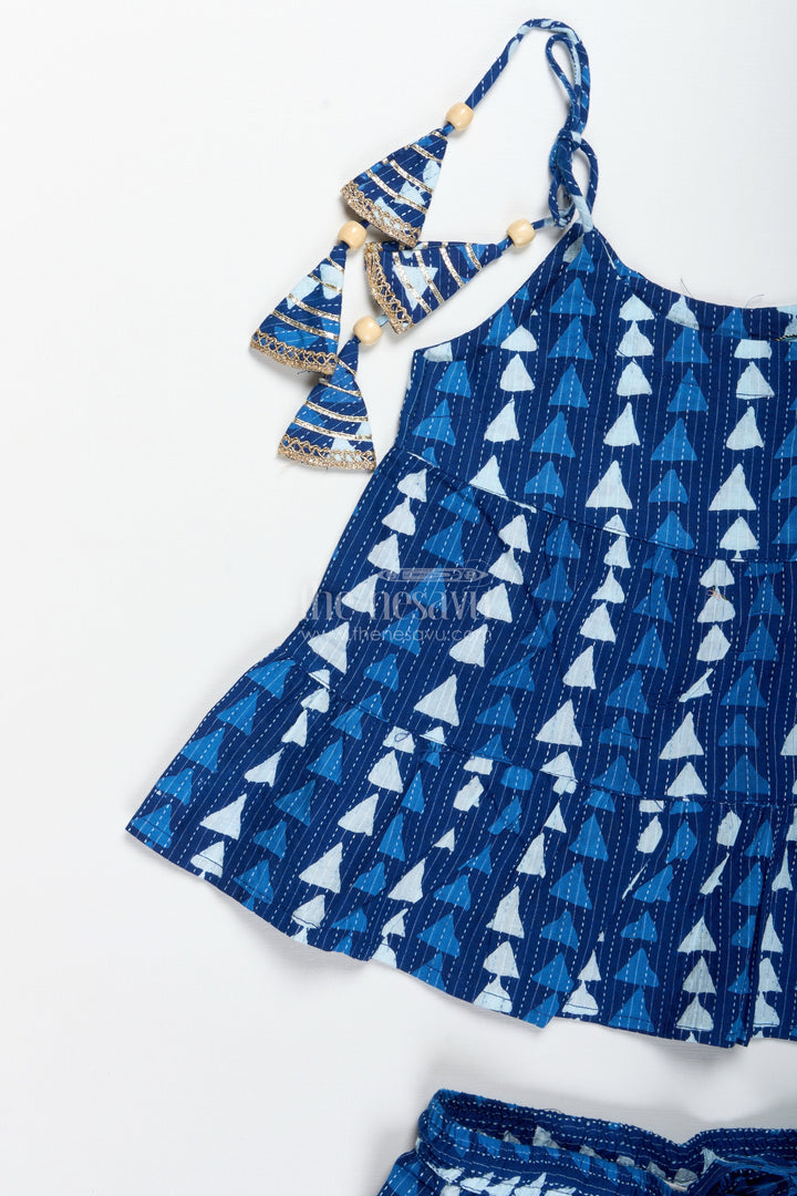 The Nesavu Girls Sharara / Plazo Set Girls Blue Ethnic Cotton Skirt Set with Triangle Print Nesavu Nesavu Blue Cotton Ethnic Skirt Set Girls Triangle Print Golden Lace Hem