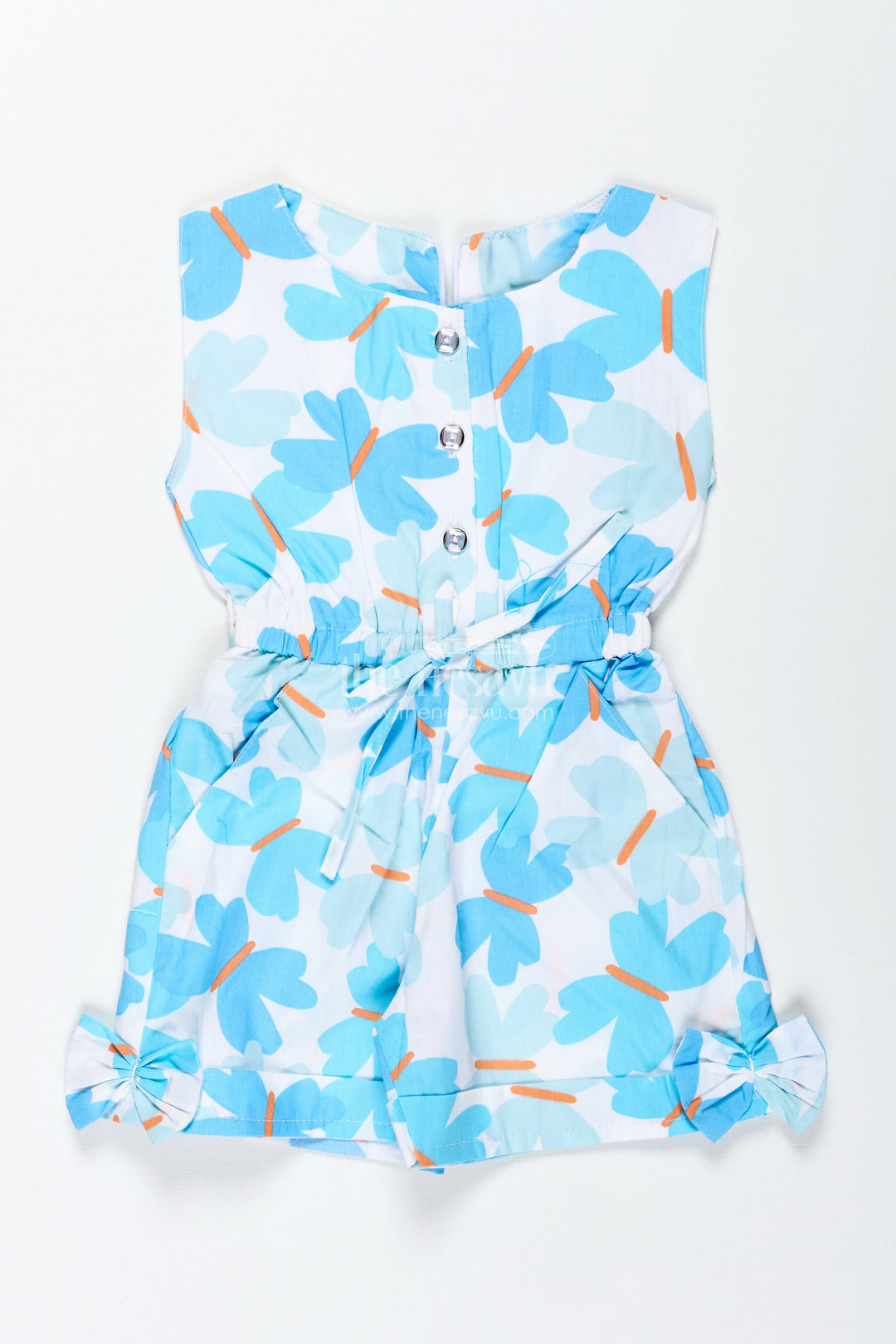 The Nesavu Girls Jumpsuit Girls Blue Floral Cotton Jumpsuit with Bow Headband for Summer Adventures Nesavu 20 (3Y) / Blue BFJ843A-20 Nesavu Blue Floral Cotton Jumpsuit Headband Girls Comfy Outfit Summer Outings