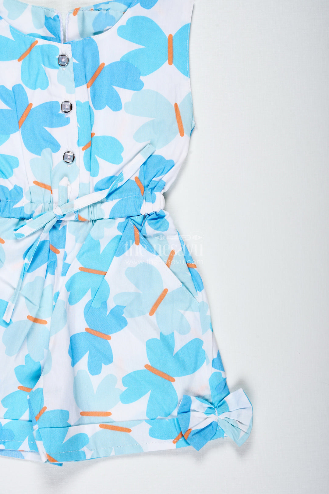 The Nesavu Girls Jumpsuit Girls Blue Floral Cotton Jumpsuit with Bow Headband for Summer Adventures Nesavu Nesavu Blue Floral Cotton Jumpsuit Headband Girls Comfy Outfit Summer Outings