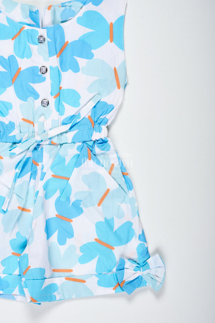 The Nesavu Girls Jumpsuit Girls Blue Floral Cotton Jumpsuit with Bow Headband for Summer Adventures Nesavu Nesavu Blue Floral Cotton Jumpsuit Headband Girls Comfy Outfit Summer Outings