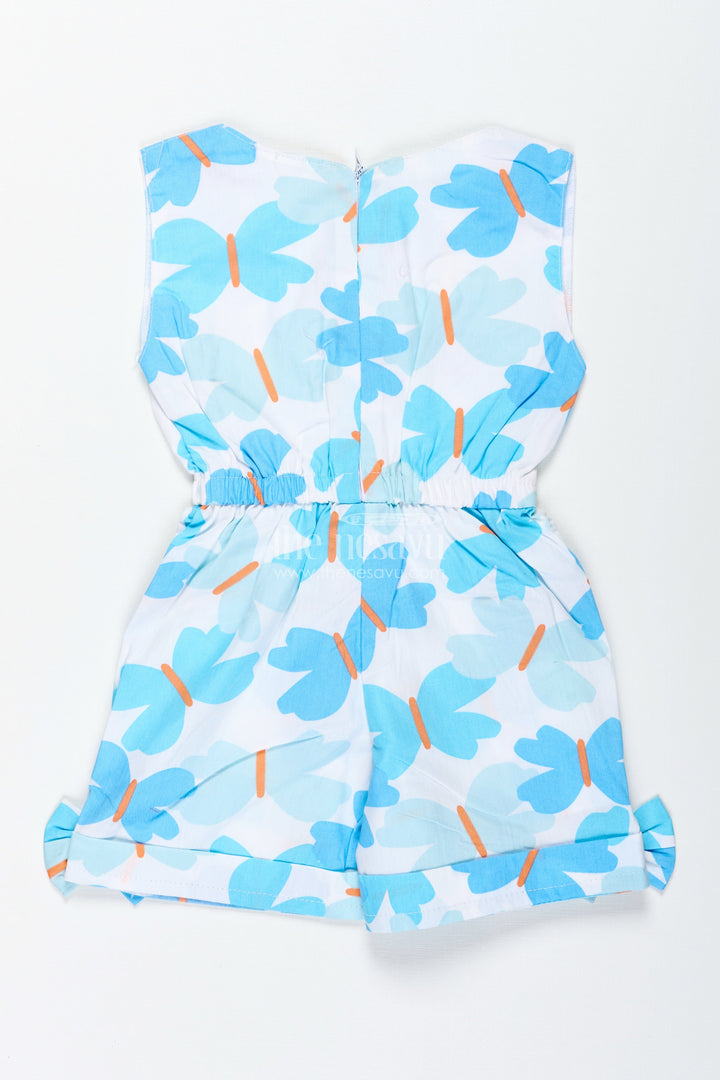 The Nesavu Girls Jumpsuit Girls Blue Floral Cotton Jumpsuit with Bow Headband for Summer Adventures Nesavu Nesavu Blue Floral Cotton Jumpsuit Headband Girls Comfy Outfit Summer Outings
