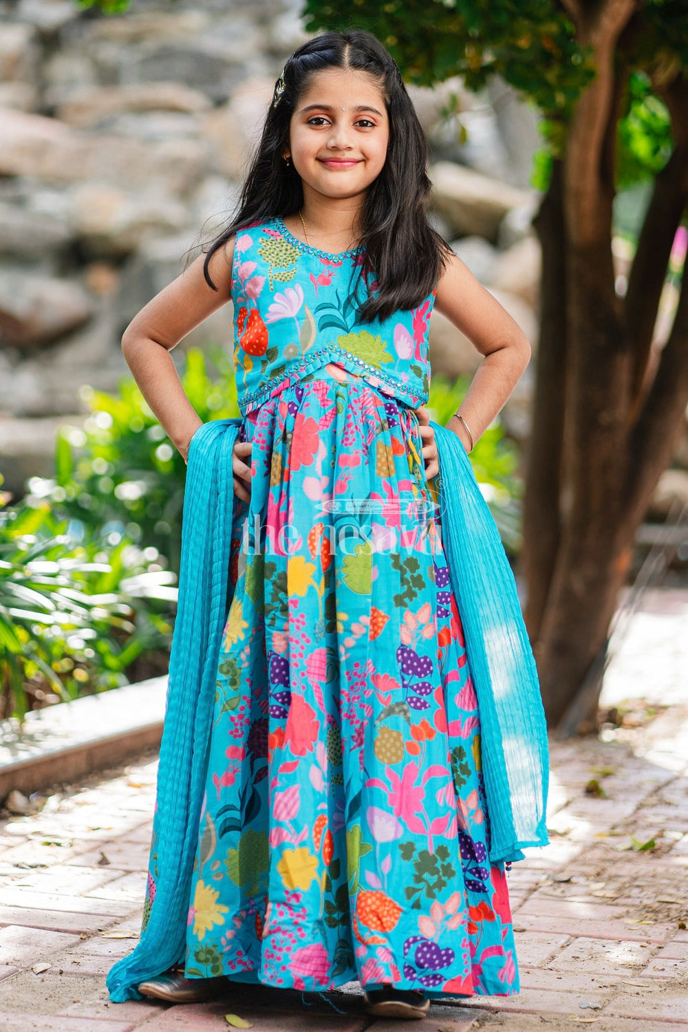 The Nesavu Girls Lehenga Choli Girls Blue Floral Lehenga Choli Set with Crop Top and Pleated Skirt Nesavu Nesavu Blue Floral Girls Lehenga Choli Crop Top Pleated Skirt Festive Celebrations