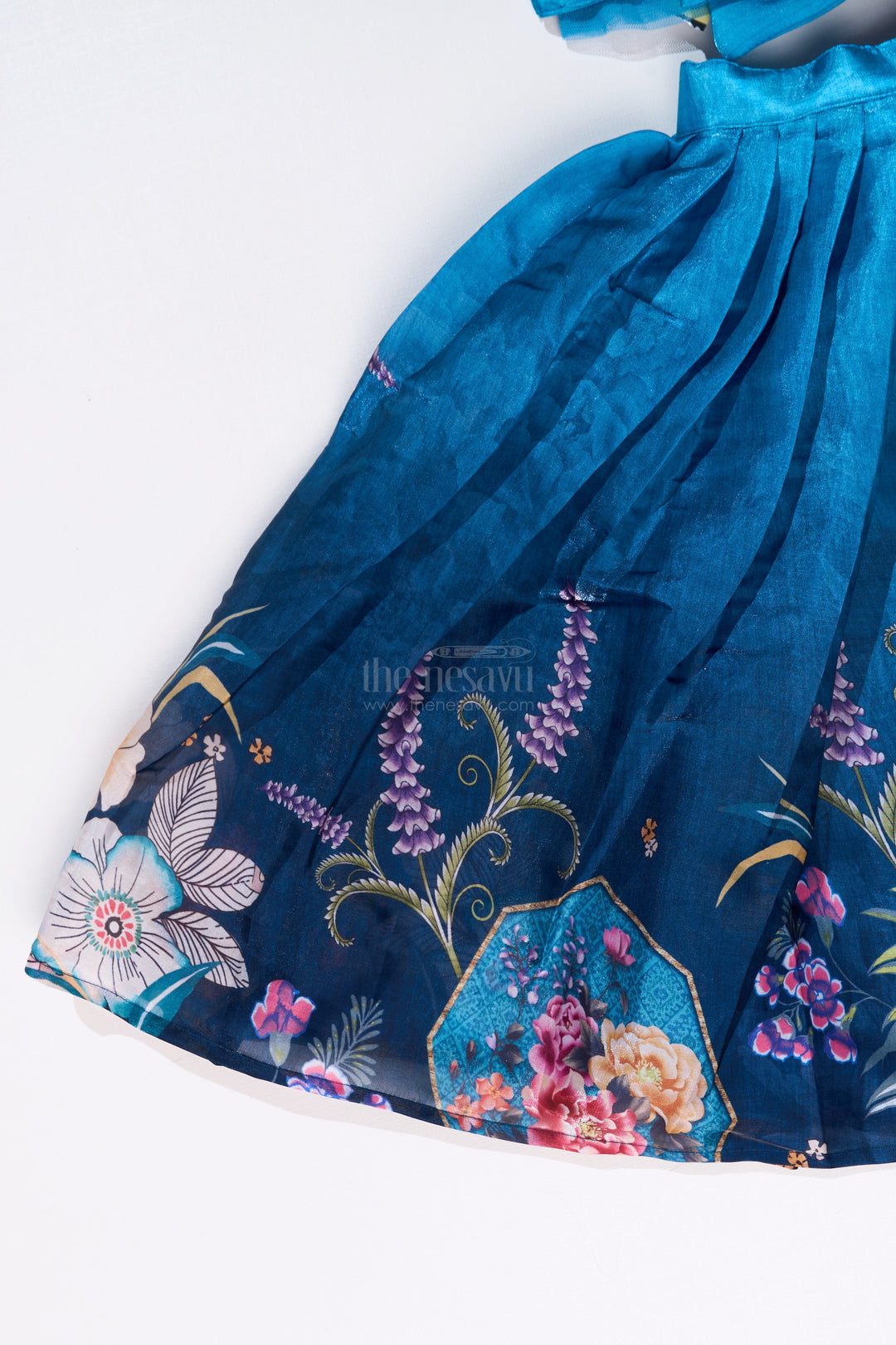 The Nesavu Girls Lehenga Choli Girls Blue Floral Lehenga with Digital Printed Gown and Oversized Bow Detail Nesavu Girls Blue Floral Lehenga Digital Print Statement Bow Choli | The Nesavu