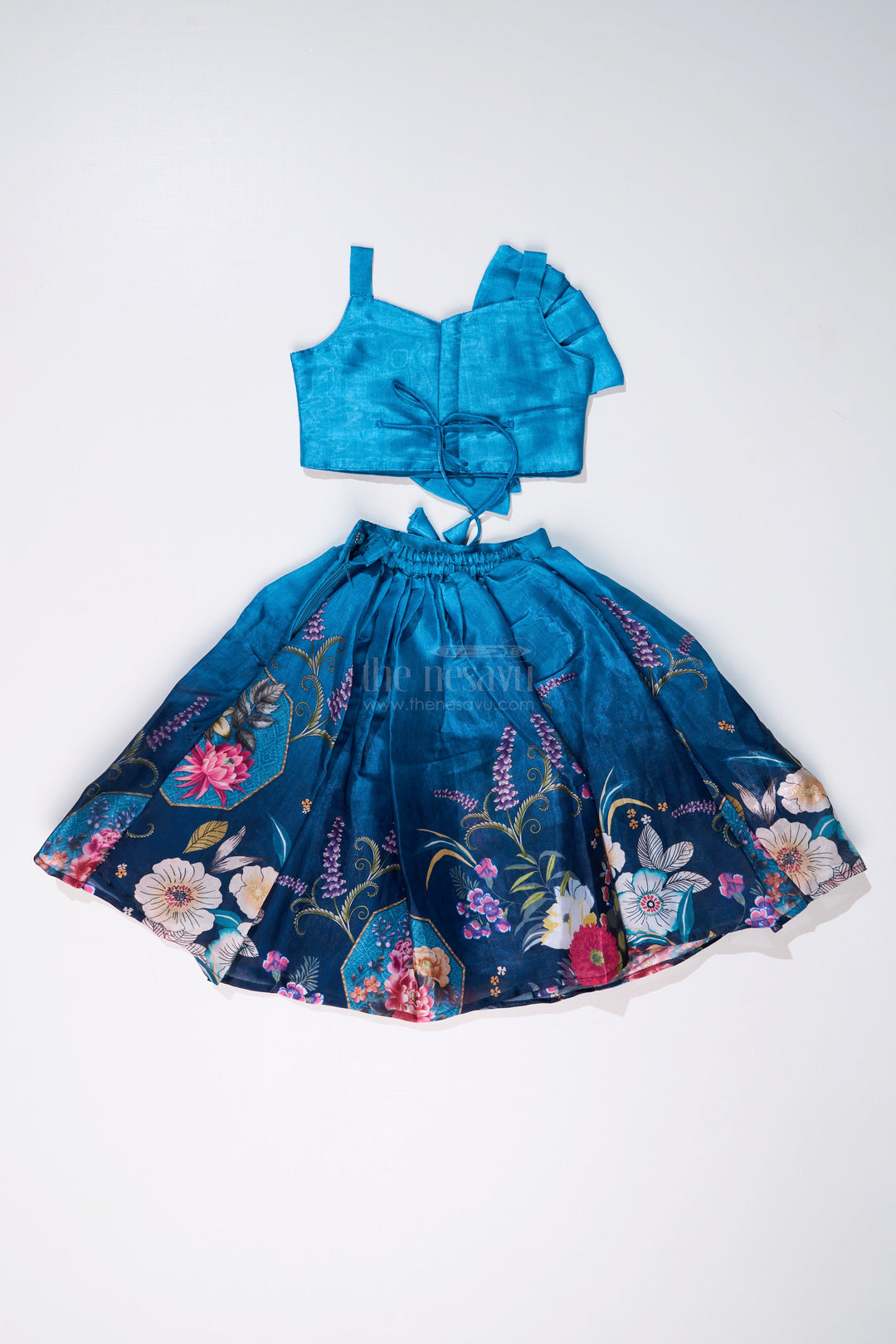 The Nesavu Girls Lehenga Choli Girls Blue Floral Lehenga with Digital Printed Gown and Oversized Bow Detail Nesavu Girls Blue Floral Lehenga Digital Print Statement Bow Choli | The Nesavu