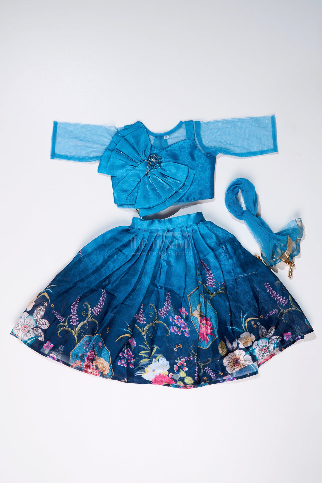 The Nesavu Girls Lehenga Choli Girls Blue Floral Lehenga with Digital Printed Gown and Oversized Bow Detail Nesavu Girls Blue Floral Lehenga Digital Print Statement Bow Choli | The Nesavu