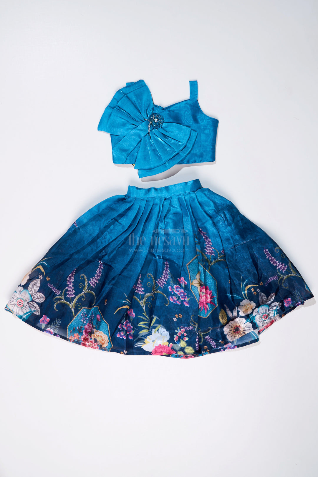 The Nesavu Girls Lehenga Choli Girls Blue Floral Lehenga with Digital Printed Gown and Oversized Bow Detail Nesavu Girls Blue Floral Lehenga Digital Print Statement Bow Choli | The Nesavu