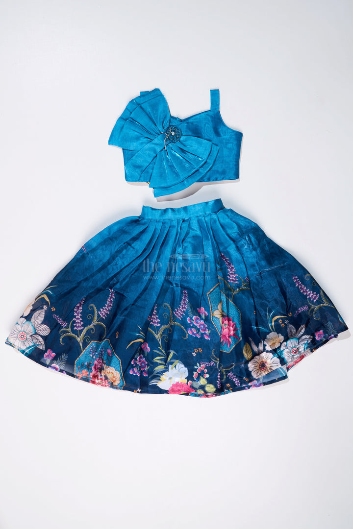 The Nesavu Girls Lehenga Choli Girls Blue Floral Lehenga with Digital Printed Gown and Oversized Bow Detail Nesavu Girls Blue Floral Lehenga Digital Print Statement Bow Choli | The Nesavu