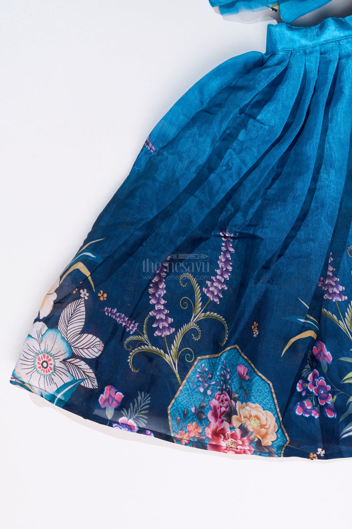 The Nesavu Girls Lehenga Choli Girls Blue Floral Lehenga with Digital Printed Gown and Oversized Bow Detail Nesavu Nesavu Girls Blue Floral Lehenga Digital Print Statement Bow Choli
