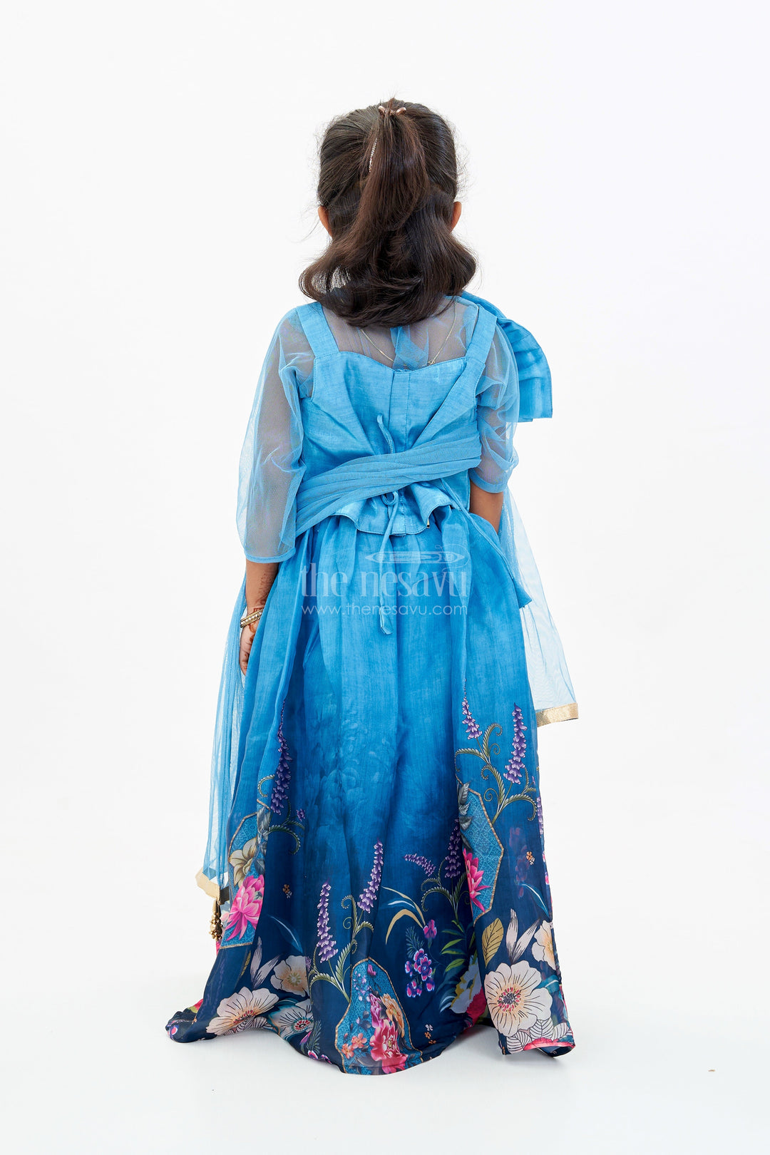 The Nesavu Girls Lehenga Choli Girls Blue Floral Lehenga with Digital Printed Gown and Oversized Bow Detail Nesavu Nesavu Girls Blue Floral Lehenga Digital Print Statement Bow Choli
