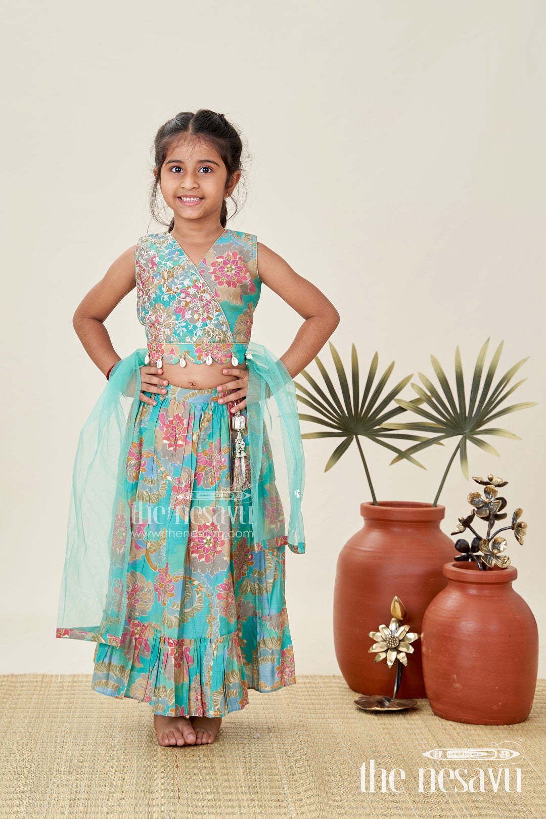 The Nesavu Girls Lehenga Choli Girls Blue Lehenga in Muslin Silk with Digital Floral Print and Thread Embroidery Yoke with Tassel Accents Nesavu 16 (1Y) / Blue GL648B-16 Nesavu Girls Blue Lehenga Muslin Silk Floral Digital Print Thread Embroidery Wrap Choli