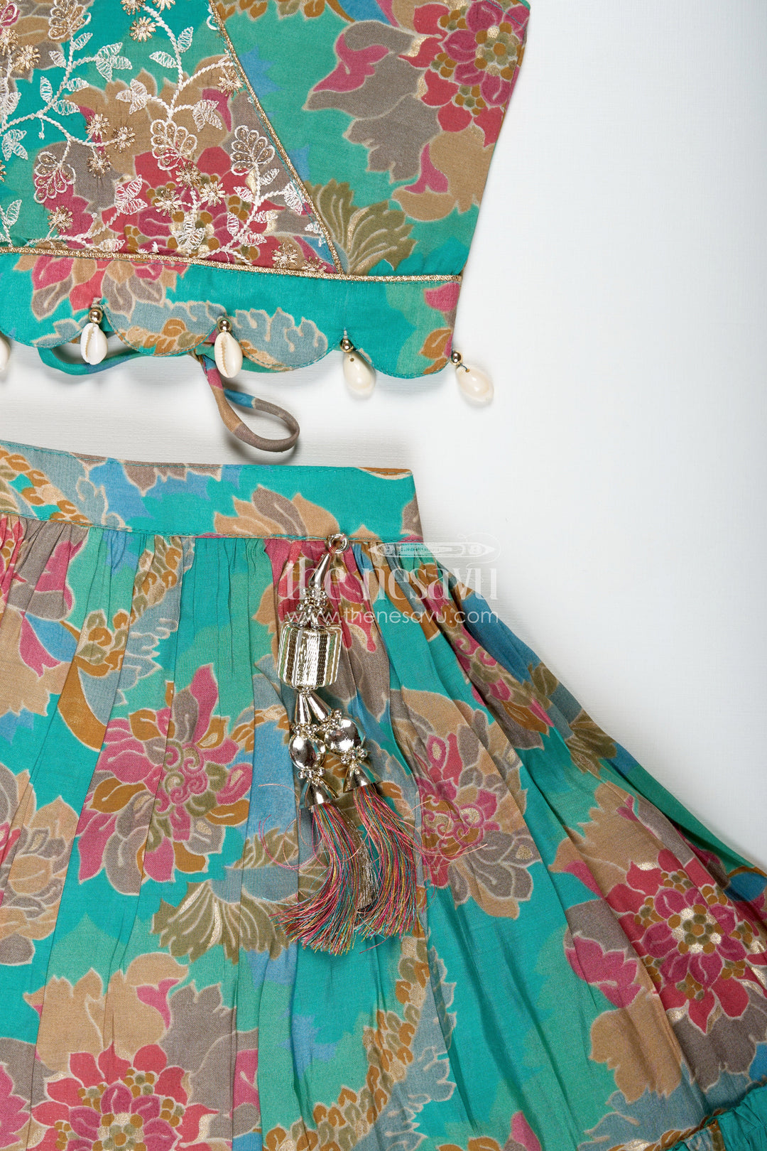 The Nesavu Girls Lehenga Choli Girls Blue Lehenga in Muslin Silk with Digital Floral Print and Thread Embroidery Yoke with Tassel Accents Nesavu Nesavu Girls Blue Lehenga Muslin Silk Floral Digital Print Thread Embroidery Wrap Choli