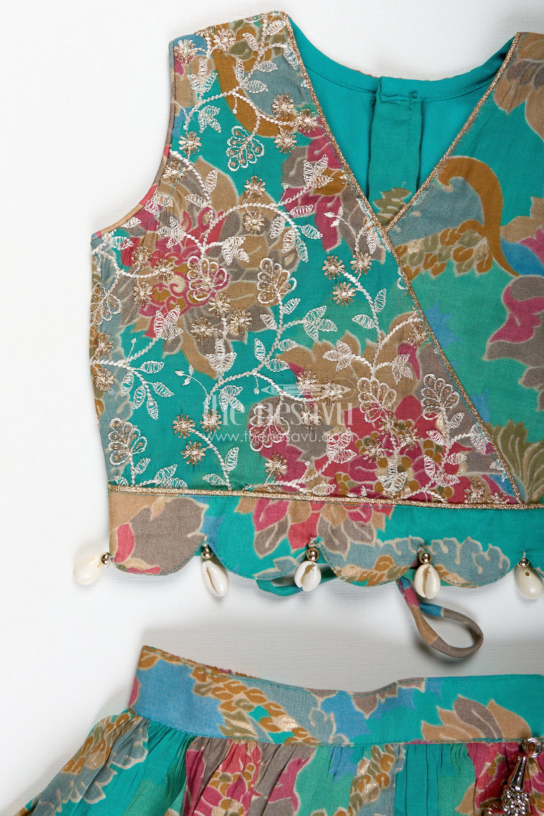 The Nesavu Girls Lehenga Choli Girls Blue Lehenga in Muslin Silk with Digital Floral Print and Thread Embroidery Yoke with Tassel Accents Nesavu Nesavu Girls Blue Lehenga Muslin Silk Floral Digital Print Thread Embroidery Wrap Choli
