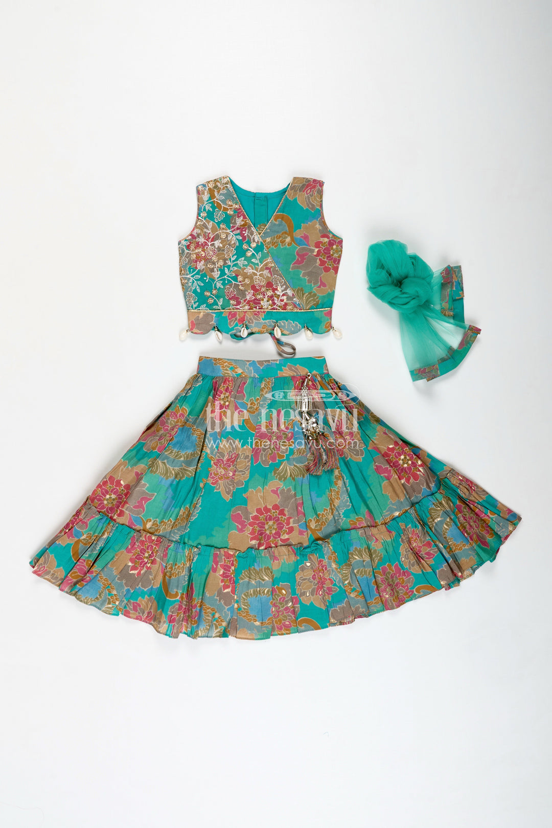 The Nesavu Girls Lehenga Choli Girls Blue Lehenga in Muslin Silk with Digital Floral Print and Thread Embroidery Yoke with Tassel Accents Nesavu Nesavu Girls Blue Lehenga Muslin Silk Floral Digital Print Thread Embroidery Wrap Choli
