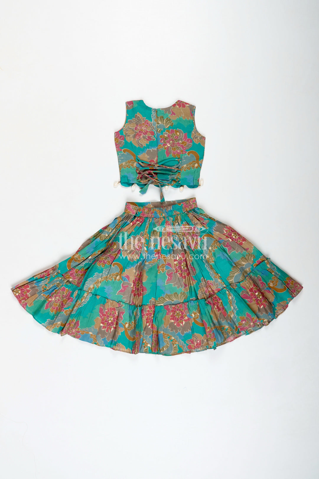 The Nesavu Girls Lehenga Choli Girls Blue Lehenga in Muslin Silk with Digital Floral Print and Thread Embroidery Yoke with Tassel Accents Nesavu Nesavu Girls Blue Lehenga Muslin Silk Floral Digital Print Thread Embroidery Wrap Choli