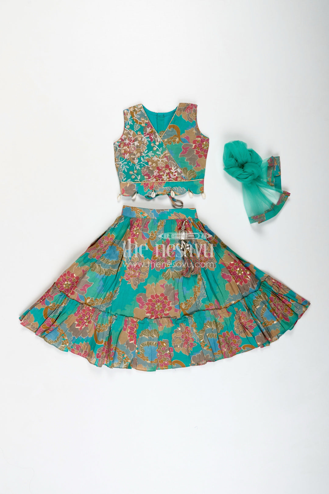 The Nesavu Girls Lehenga Choli Girls Blue Lehenga in Muslin Silk with Digital Floral Print and Thread Embroidery Yoke with Tassel Accents Nesavu Nesavu Girls Blue Lehenga Muslin Silk Floral Digital Print Thread Embroidery Wrap Choli