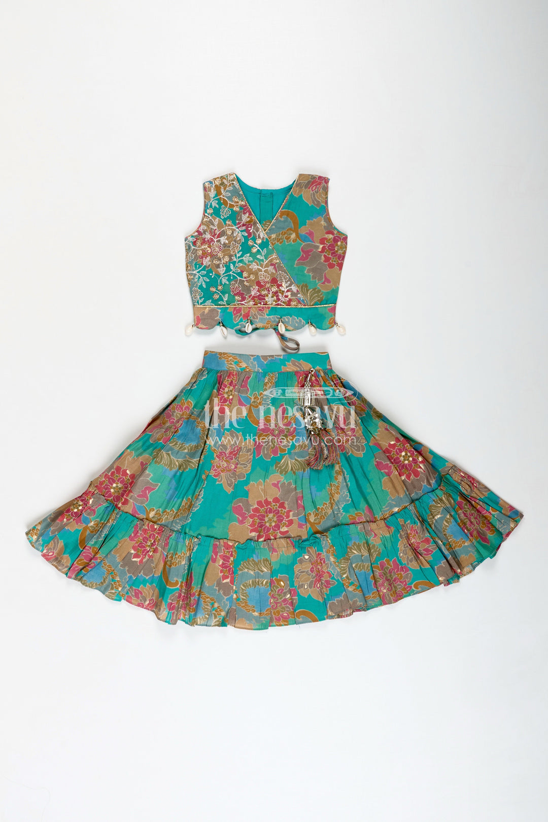 The Nesavu Girls Lehenga Choli Girls Blue Lehenga in Muslin Silk with Digital Floral Print and Thread Embroidery Yoke with Tassel Accents Nesavu Nesavu Girls Blue Lehenga Muslin Silk Floral Digital Print Thread Embroidery Wrap Choli