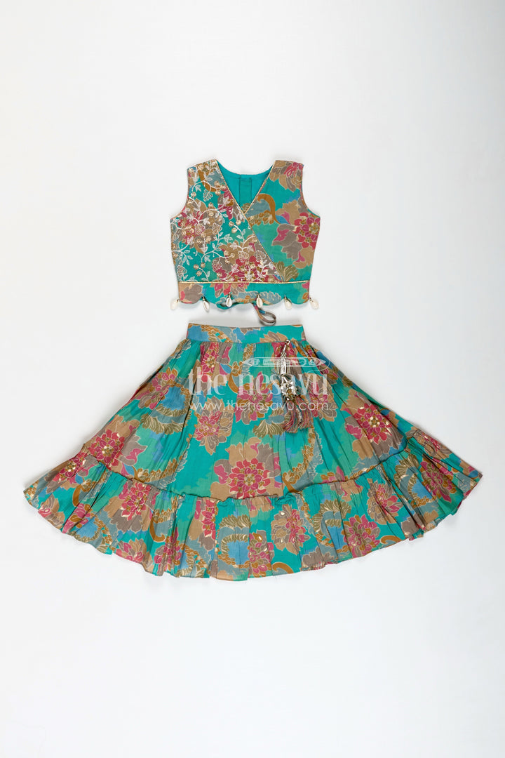 The Nesavu Girls Lehenga Choli Girls Blue Lehenga in Muslin Silk with Digital Floral Print and Thread Embroidery Yoke with Tassel Accents Nesavu Nesavu Girls Blue Lehenga Muslin Silk Floral Digital Print Thread Embroidery Wrap Choli