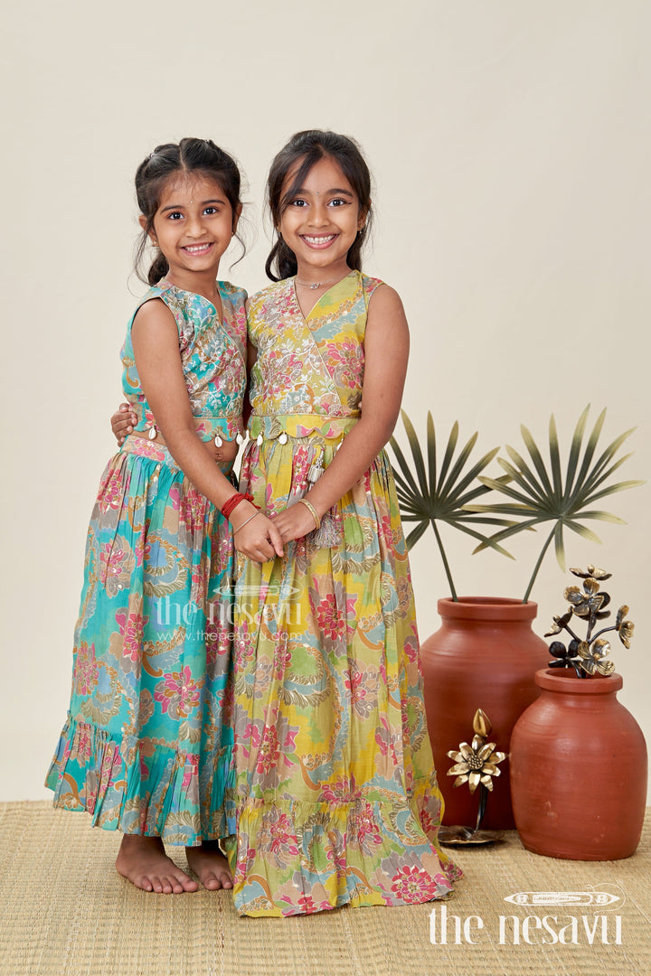 The Nesavu Girls Lehenga Choli Girls Blue Lehenga in Muslin Silk with Digital Floral Print and Thread Embroidery Yoke with Tassel Accents Nesavu Nesavu Girls Blue Lehenga Muslin Silk Floral Digital Print Thread Embroidery Wrap Choli