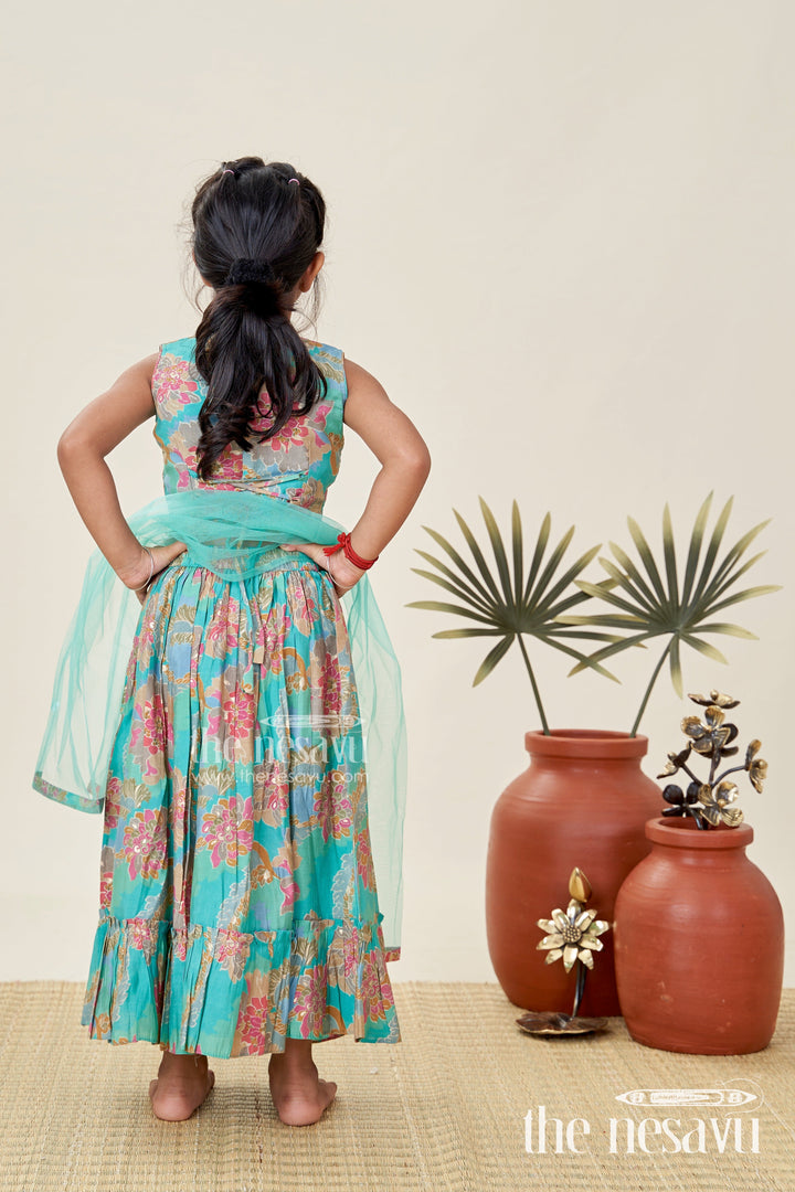 The Nesavu Girls Lehenga Choli Girls Blue Lehenga in Muslin Silk with Digital Floral Print and Thread Embroidery Yoke with Tassel Accents Nesavu Nesavu Girls Blue Lehenga Muslin Silk Floral Digital Print Thread Embroidery Wrap Choli