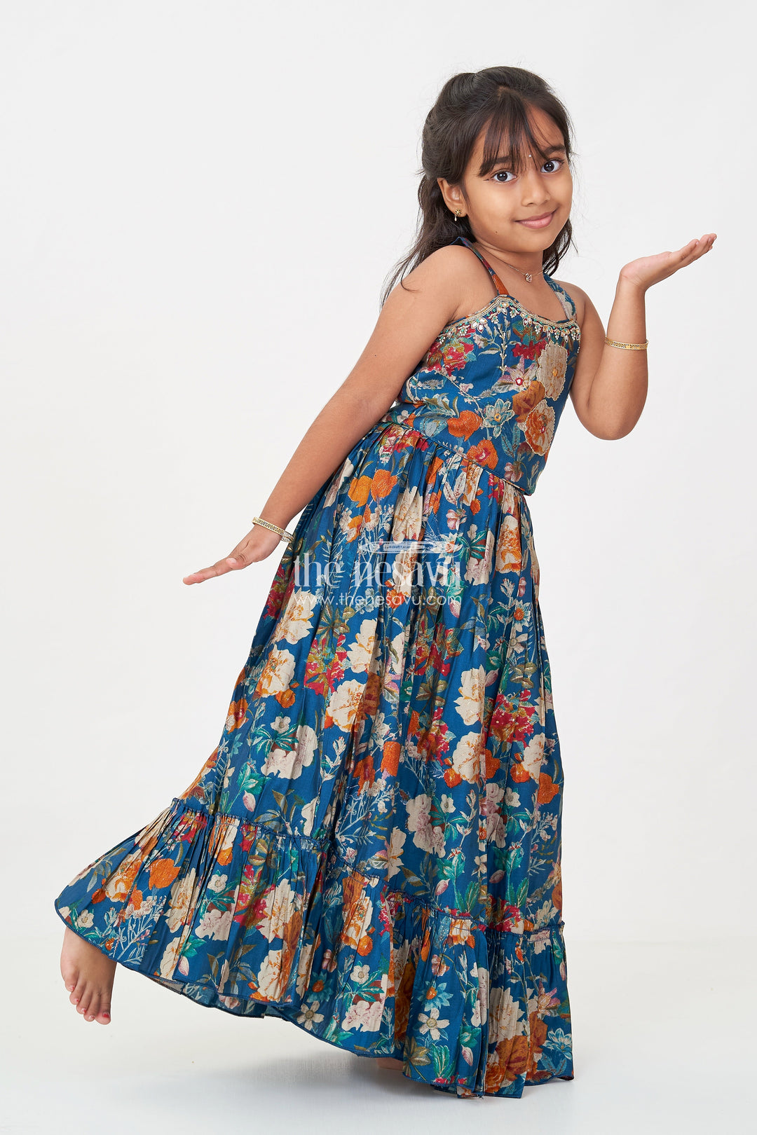 The Nesavu Girls Lehenga Choli Girls Blue Lehenga Set in Floral Digital Print Georgette with Tassel Detail and Matching Dupatta Nesavu 16 (1Y) / Blue GL635A-16 Girls blue lehenga set Floral Georgette Tassel Detail Festive Dupatta | The Nesavu
