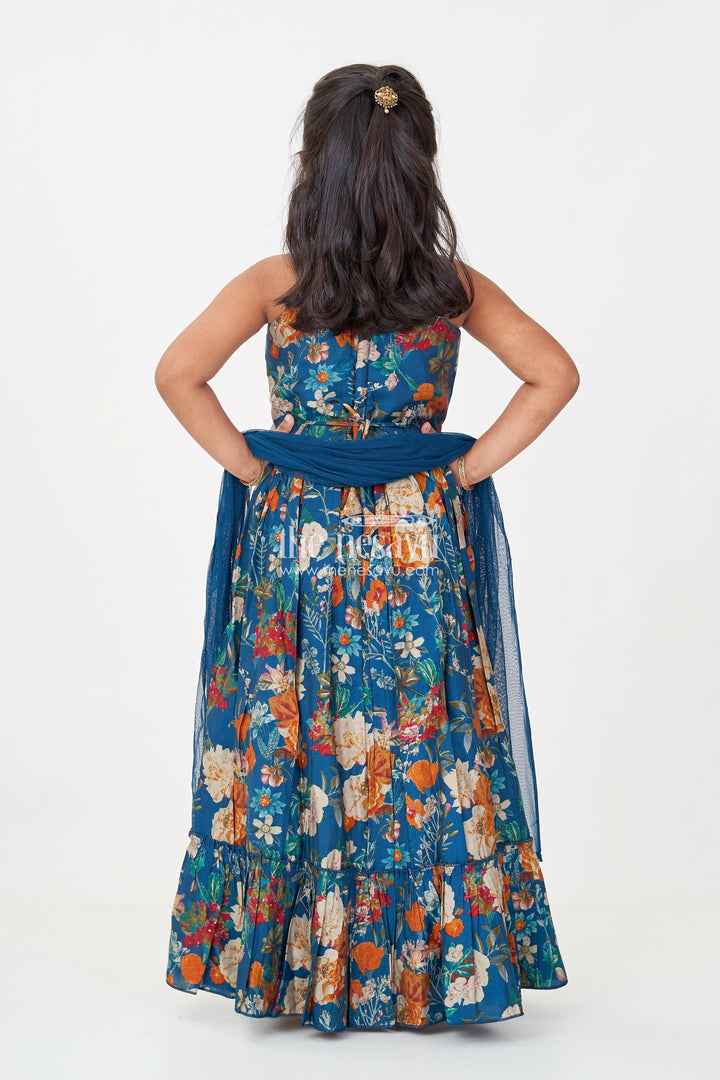 The Nesavu Girls Lehenga Choli Girls Blue Lehenga Set in Floral Digital Print Georgette with Tassel Detail and Matching Dupatta Nesavu Girls blue lehenga set Floral Georgette Tassel Detail Festive Dupatta | The Nesavu