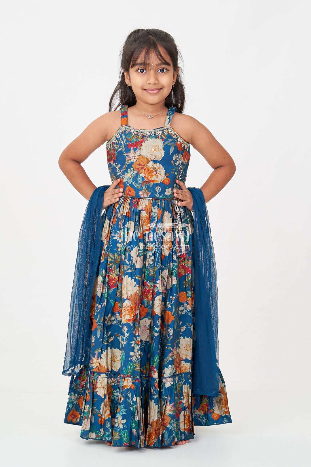The Nesavu Girls Lehenga Choli Girls Blue Lehenga Set in Floral Digital Print Georgette with Tassel Detail and Matching Dupatta Nesavu Girls blue lehenga set Floral Georgette Tassel Detail Festive Dupatta | The Nesavu