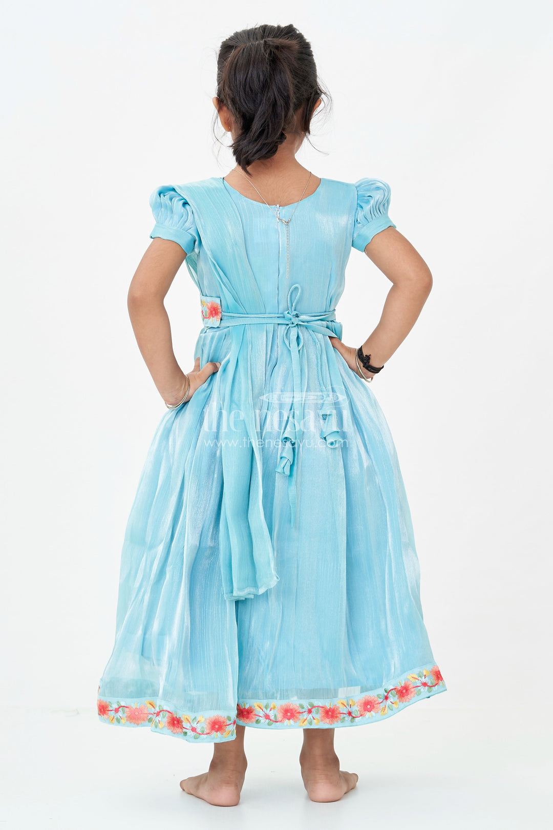 The Nesavu Girls Party Gown Girls Blue Organza Gown with Vibrant Floral Lace Work and Flowy Silhouette for Graceful Movement Nesavu 22 (4Y) / Blue GA311A-22 Girls Blue Organza Gown with Multicolor Floral Lace and Soft Pleated Party Wear Look | The Nesavu