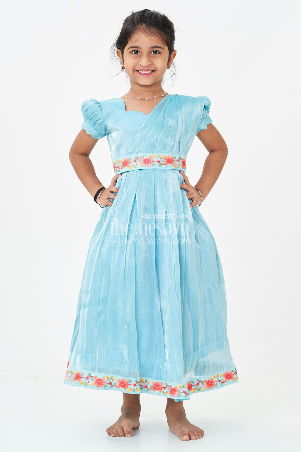 The Nesavu Girls Party Gown Girls Blue Organza Gown with Vibrant Floral Lace Work and Flowy Silhouette for Graceful Movement Nesavu 22 (4Y) / Blue GA311A-22 Girls Blue Organza Gown with Multicolor Floral Lace and Soft Pleated Party Wear Look | The Nesavu