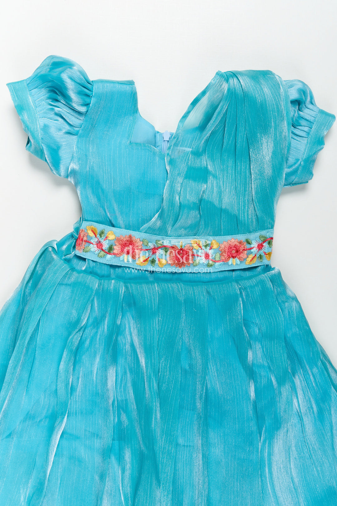 The Nesavu Girls Party Gown Girls Blue Organza Gown with Vibrant Floral Lace Work and Flowy Silhouette for Graceful Movement Nesavu 22 (4Y) / Blue GA311A-22 Girls Blue Organza Gown with Multicolor Floral Lace and Soft Pleated Party Wear Look | The Nesavu