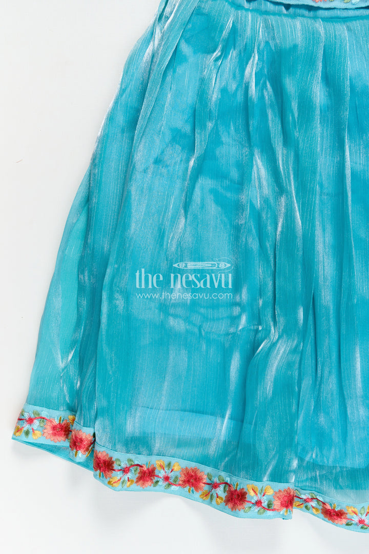 The Nesavu Girls Party Gown Girls Blue Organza Gown with Vibrant Floral Lace Work and Flowy Silhouette for Graceful Movement Nesavu 22 (4Y) / Blue GA311A-22 Girls Blue Organza Gown with Multicolor Floral Lace and Soft Pleated Party Wear Look | The Nesavu