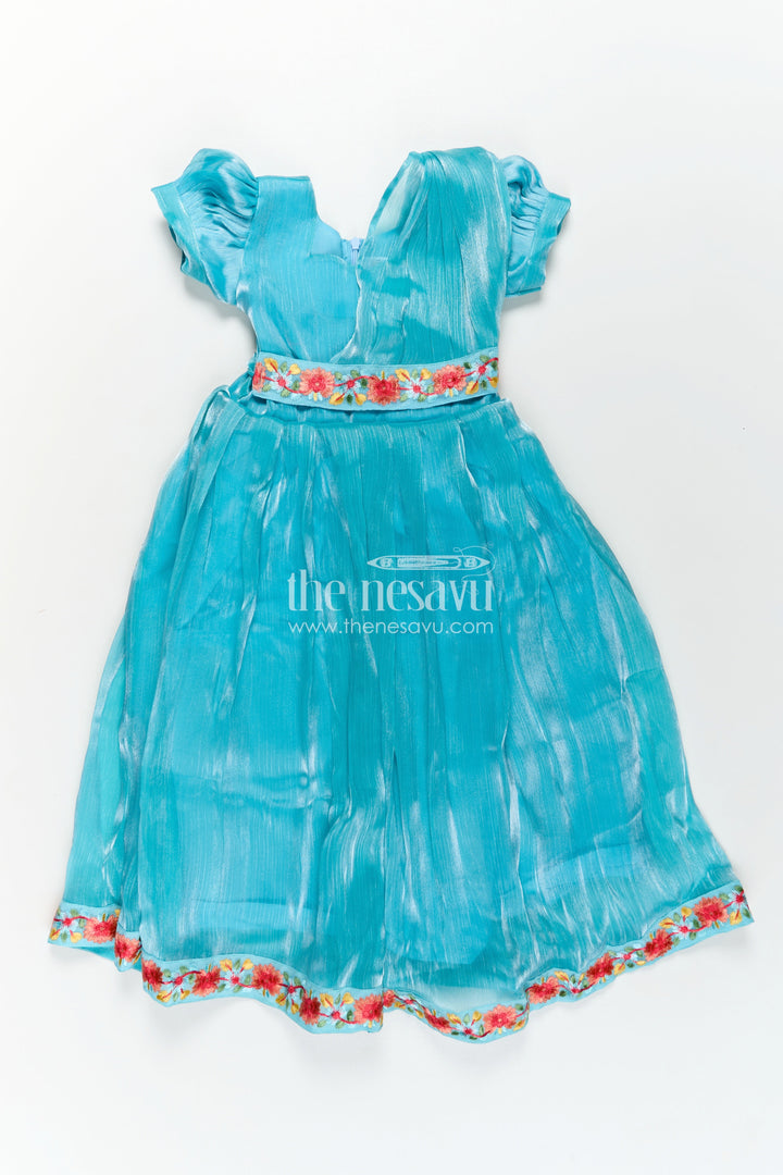 The Nesavu Girls Party Gown Girls Blue Organza Gown with Vibrant Floral Lace Work and Flowy Silhouette for Graceful Movement Nesavu 22 (4Y) / Blue GA311A-22 Girls Blue Organza Gown with Multicolor Floral Lace and Soft Pleated Party Wear Look | The Nesavu