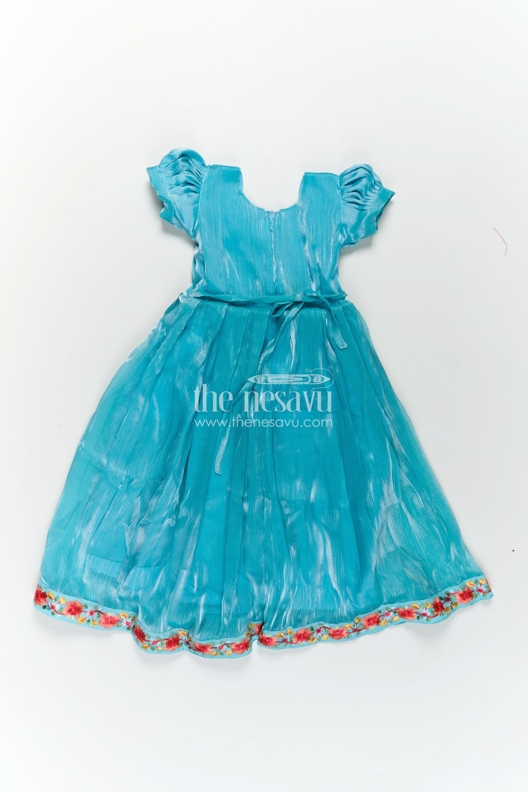 The Nesavu Girls Party Gown Girls Blue Organza Gown with Vibrant Floral Lace Work and Flowy Silhouette for Graceful Movement Nesavu 22 (4Y) / Blue GA311A-22 Girls Blue Organza Gown with Multicolor Floral Lace and Soft Pleated Party Wear Look | The Nesavu