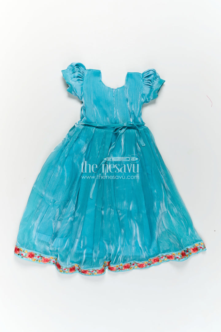 The Nesavu Girls Party Gown Girls Blue Organza Gown with Vibrant Floral Lace Work and Flowy Silhouette for Graceful Movement Nesavu 22 (4Y) / Blue GA311A-22 Girls Blue Organza Gown with Multicolor Floral Lace and Soft Pleated Party Wear Look | The Nesavu